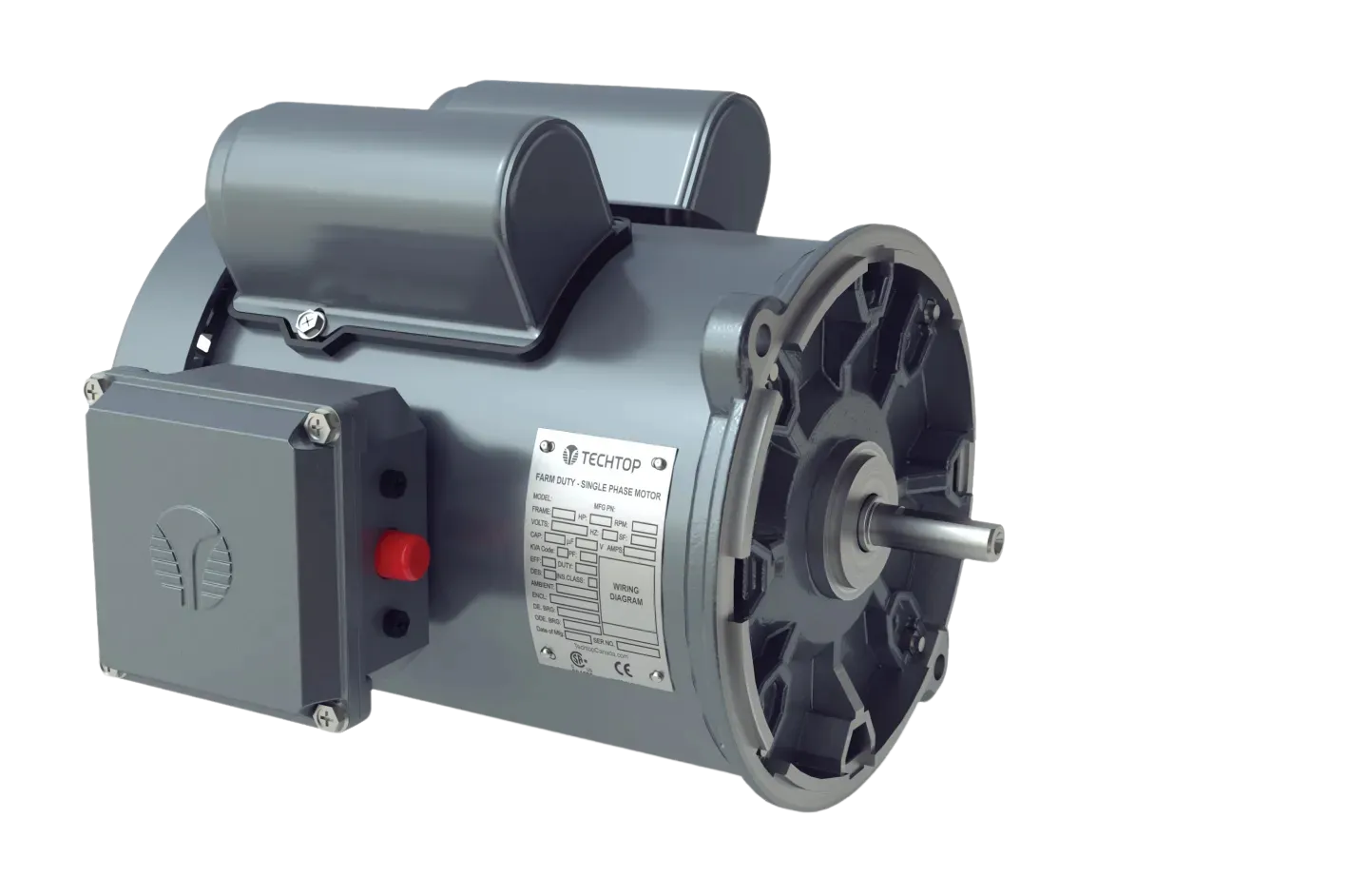 Electric motor mounted on a base with visible shaft and wiring terminals