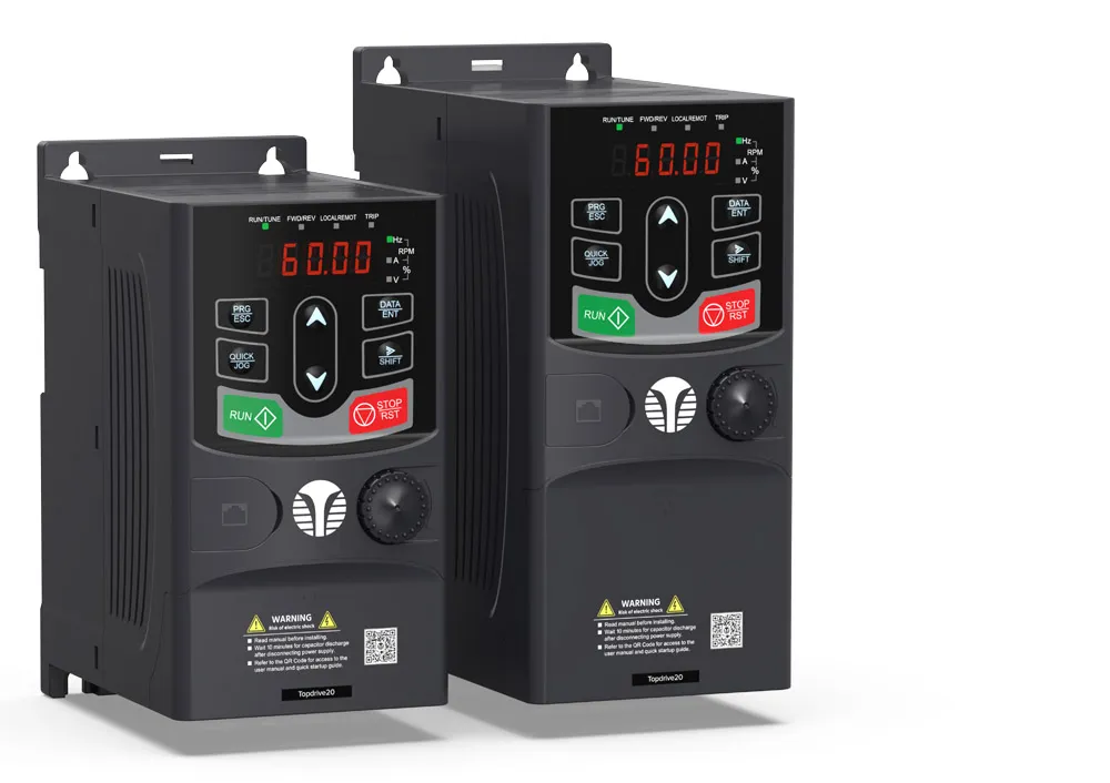 Front view of TechTop variable frequency drive with labeled buttons and status indicators